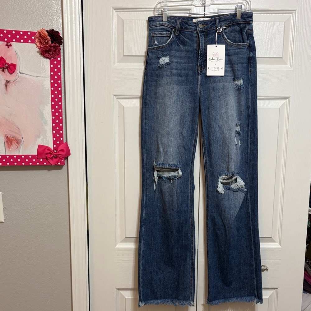 NWT Risen by Walker Rose Women's Dark Blue Distressed Wide-Leg Jeans